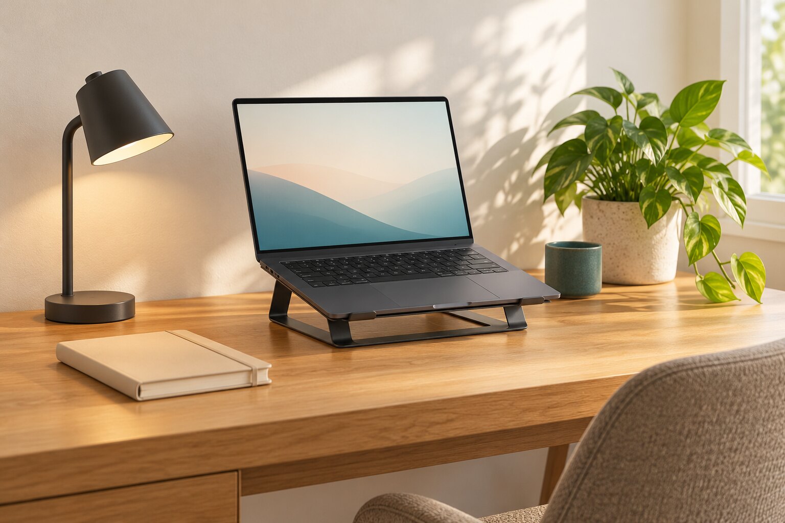 窓辺の机にノートPCとスタンド、ノート、ランプを置いた作業空間のイメージ